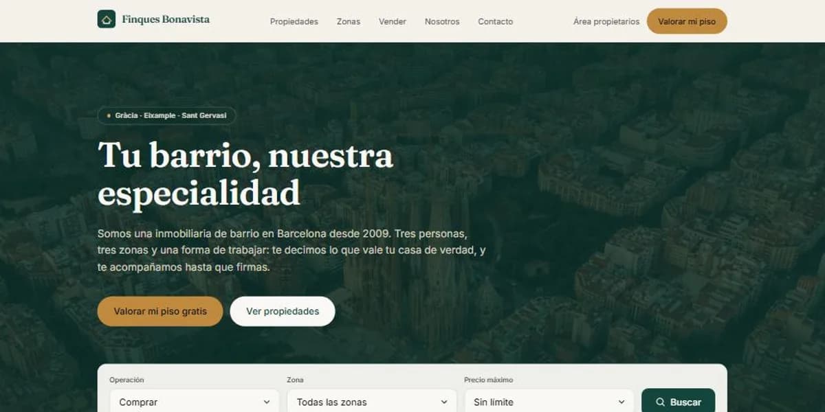 Captura de la web de demostración Finques Bonavista: portada de una inmobiliaria con buscador de inmuebles y valoración online